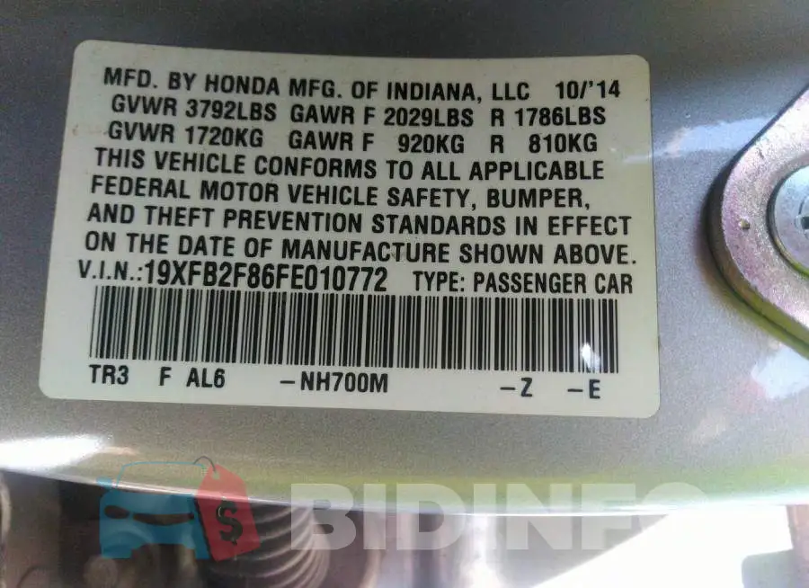 19XFB2F86FE010772 Photo# 9