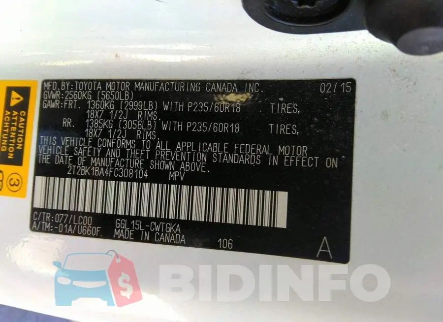2T2BK1BA4FC308104 Photo# 9