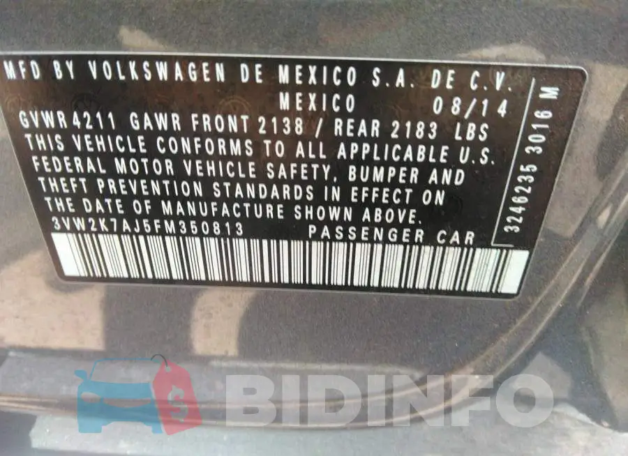 3VW2K7AJ5FM350813 Photo# 9