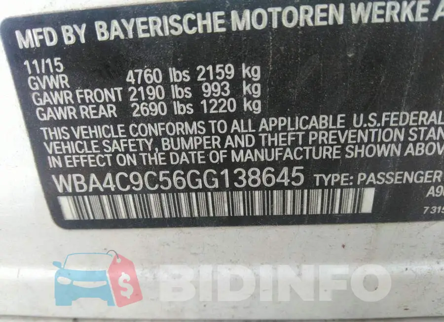 WBA4C9C56GG138645 Photo# 9