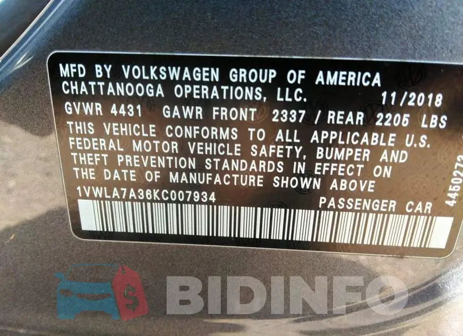 1VWLA7A36KC007934 Photo# 9