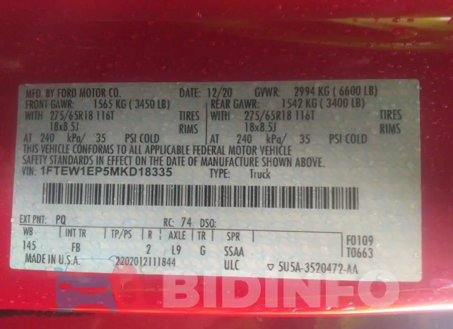 1FTEW1EP5MKD18335 Photo# 9