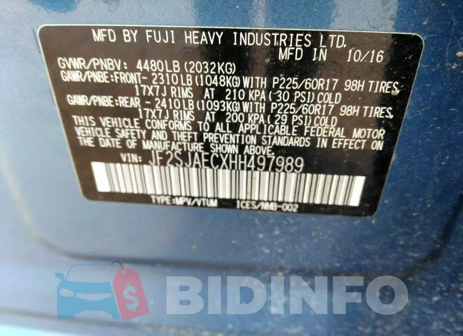 JF2SJAECXHH497989 Photo# 9