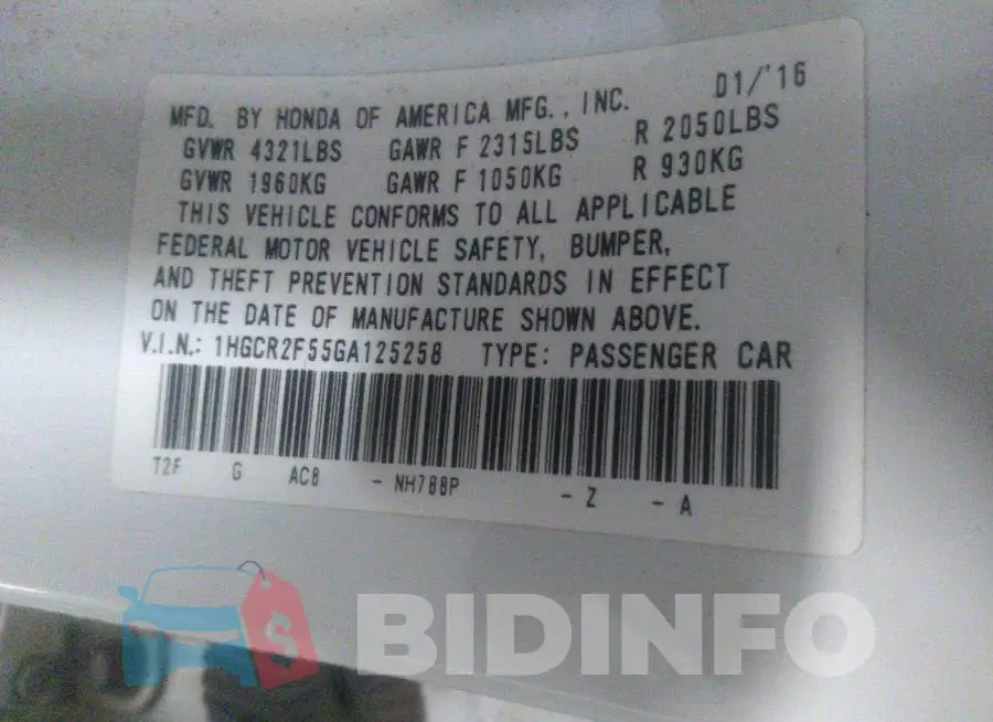 1HGCR2F55GA125258 Photo# 9