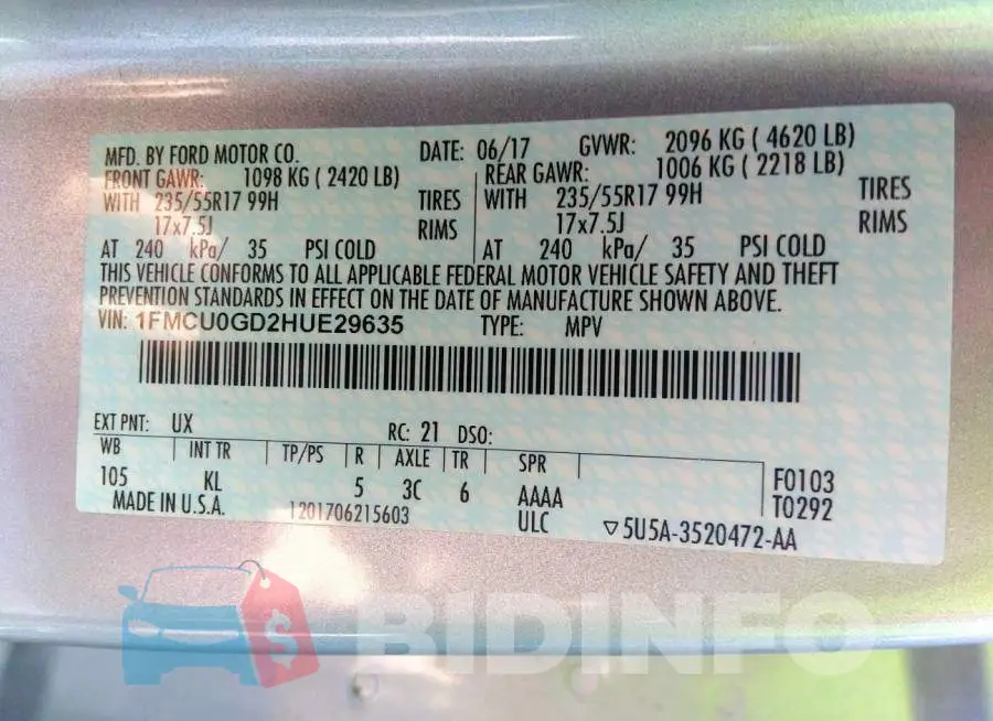 1FMCU0GD2HUE29635 Photo# 9