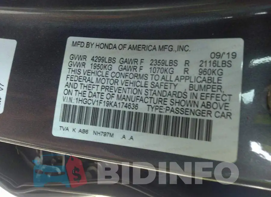 1HGCV1F19KA174636 Photo# 9