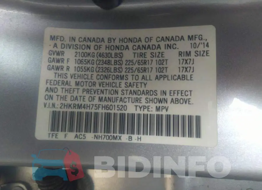 2HKRM4H75FH601520 Photo# 9