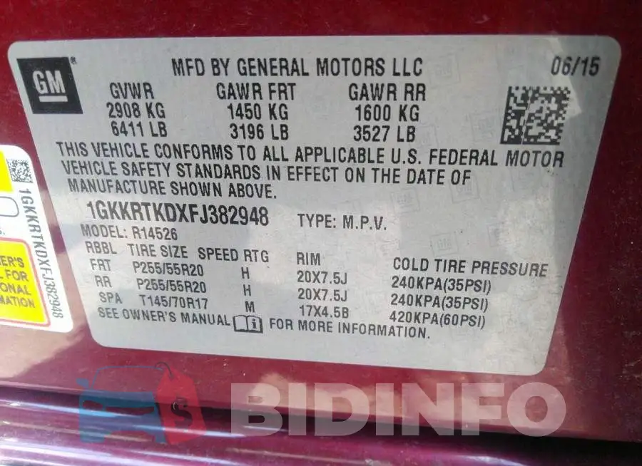 1GKKRTKDXFJ382948 Photo# 9