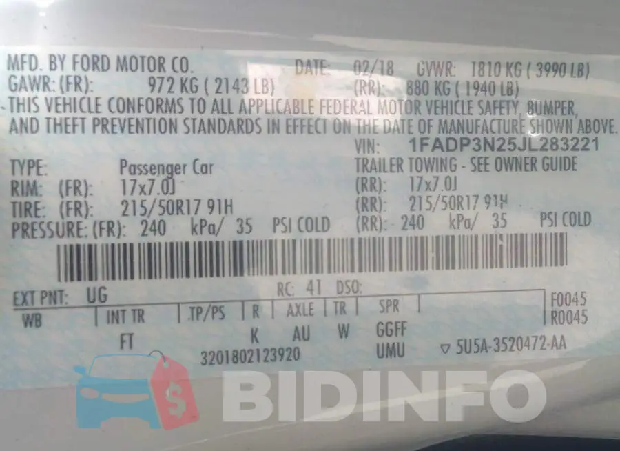 1FADP3N25JL283221 Photo# 9
