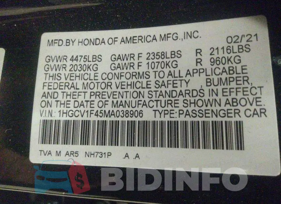 1HGCV1F45MA038906 Photo# 9