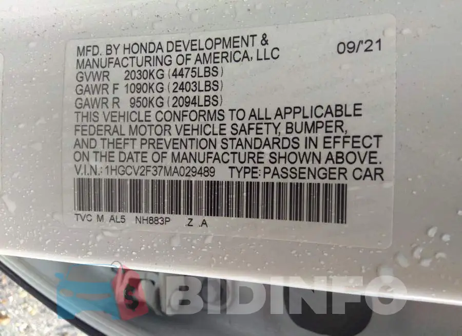 1HGCV2F37MA029489 Photo# 9
