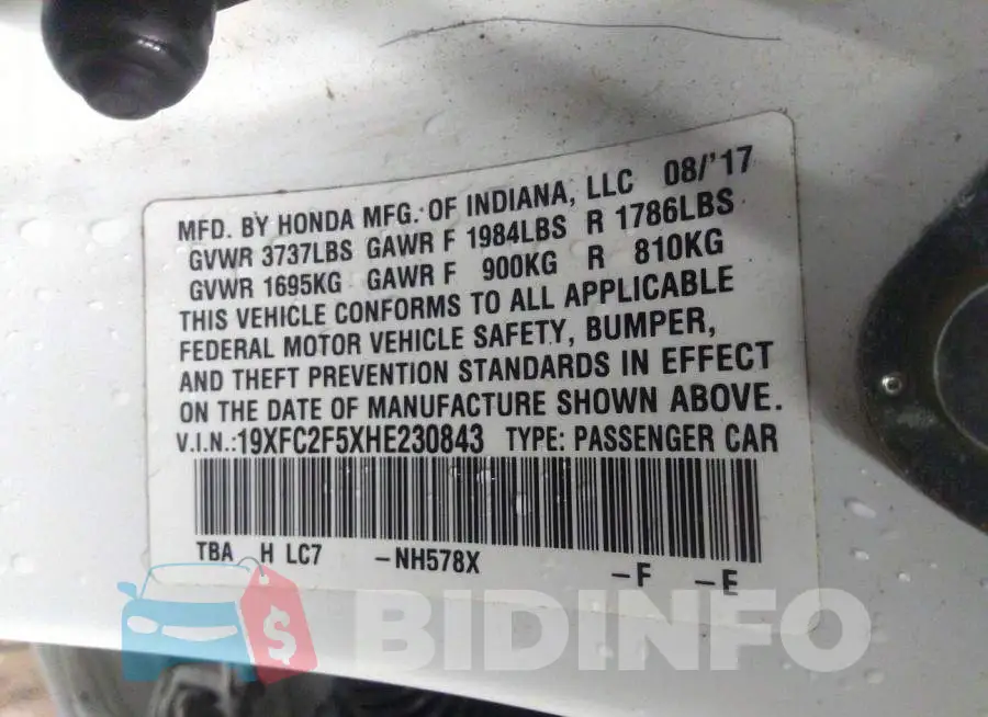 19XFC2F5XHE230843 Photo# 9