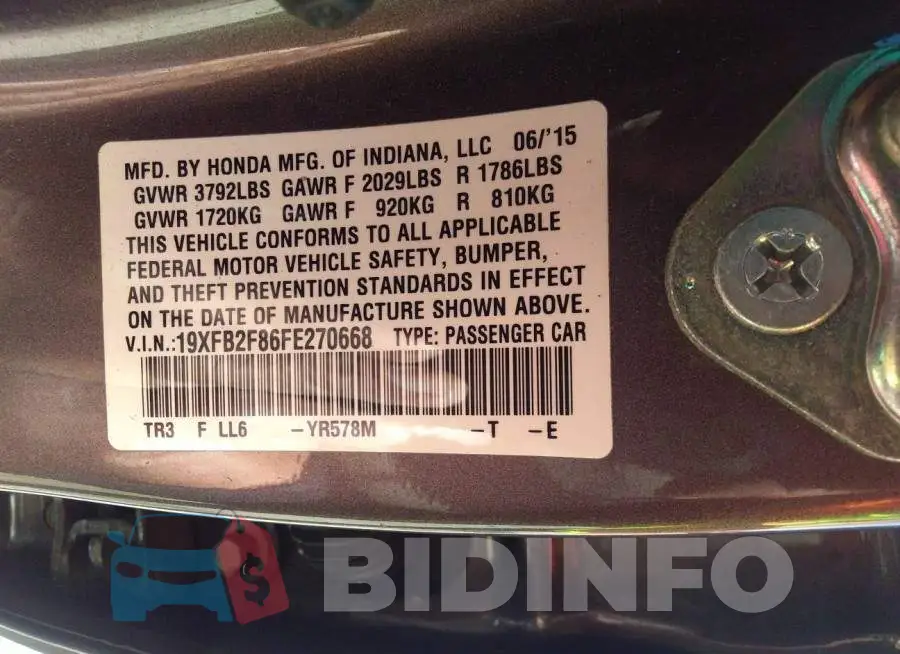 19XFB2F86FE270668 Photo# 9