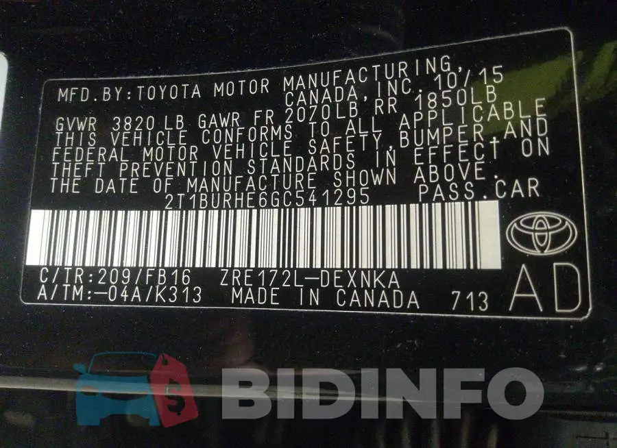 2T1BURHE6GC541295 Photo# 9