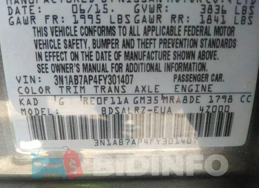 3N1AB7AP4FY301407 Photo# 9