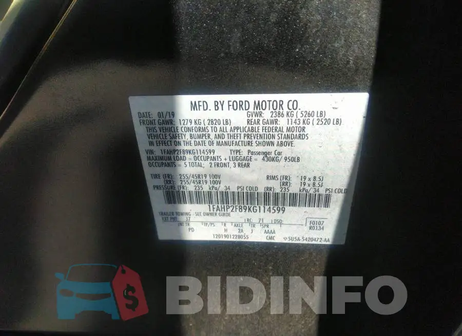 1FAHP2F89KG114599 Photo# 9