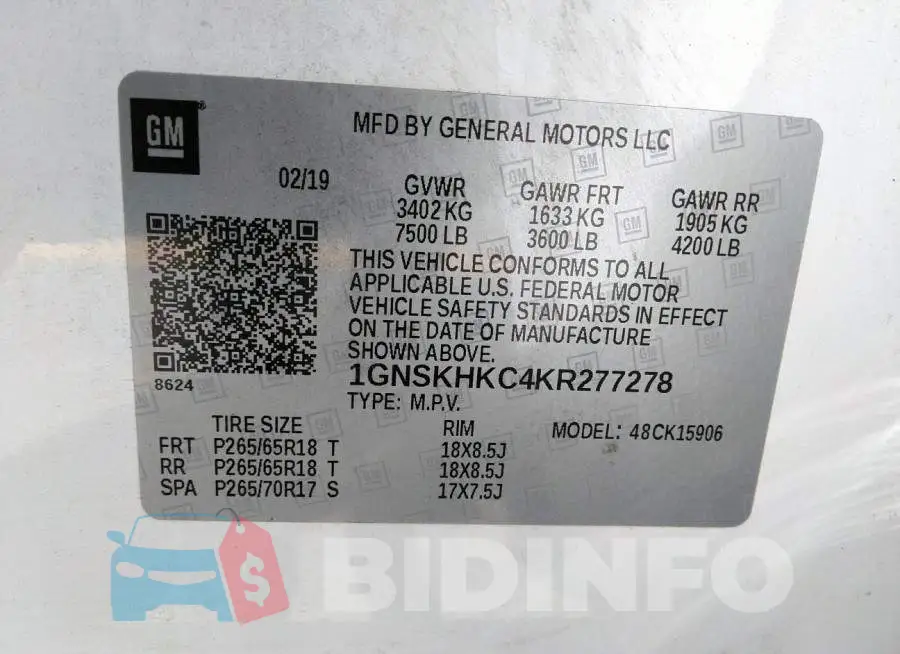 1GNSKHKC4KR277278 Photo# 9