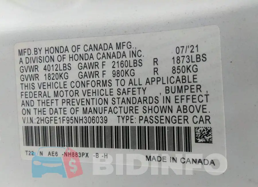 2HGFE1F95NH306039 Photo# 9