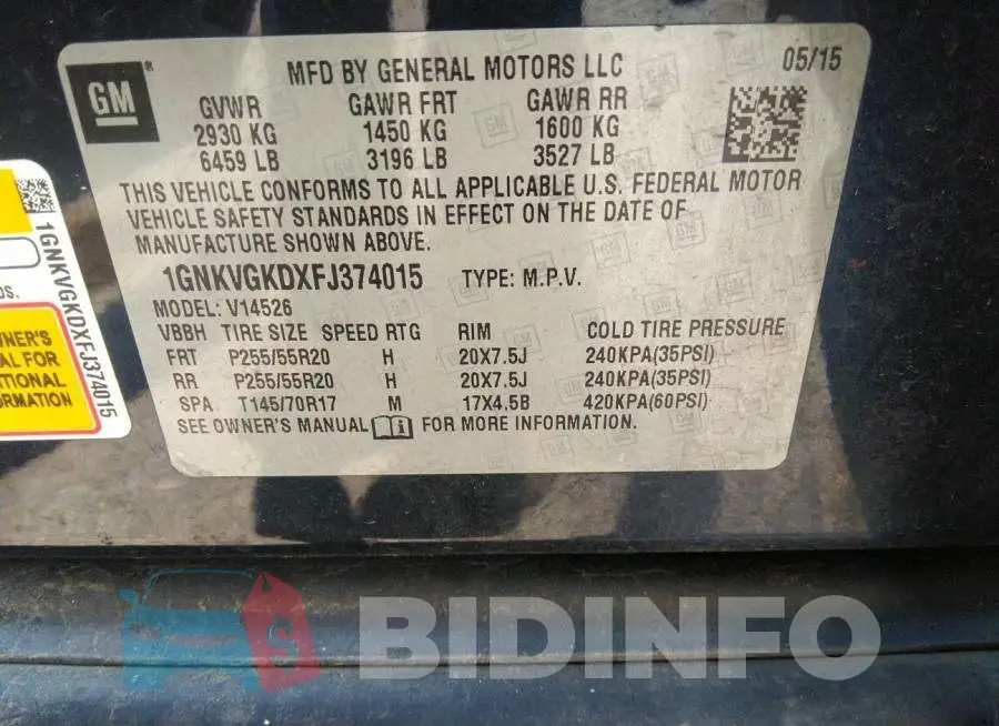 1GNKVGKDXFJ374015 Photo# 9