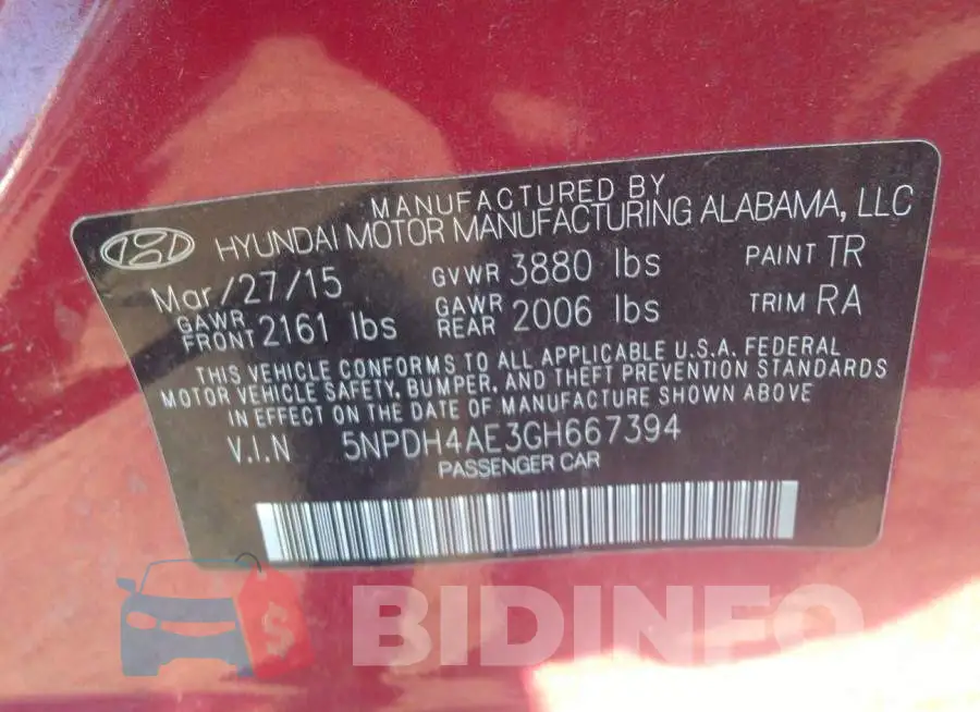 5NPDH4AE3GH667394 Photo# 9
