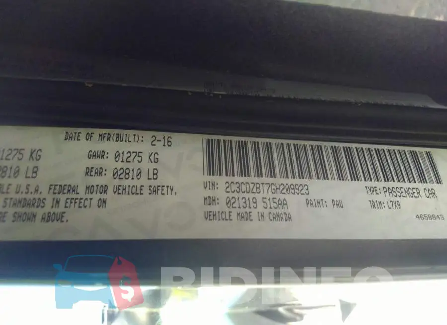 2C3CDZBT7GH209923 Photo# 9