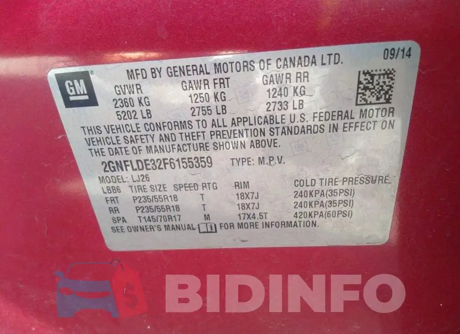2GNFLDE32F6155359 Photo# 9