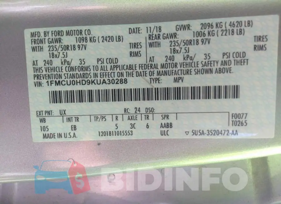 1FMCU0HD9KUA30288 Photo# 9