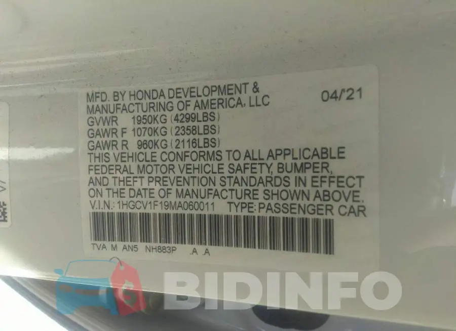 1HGCV1F19MA060011 Photo# 9