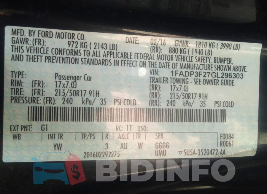 1FADP3F27GL296303 Photo# 9