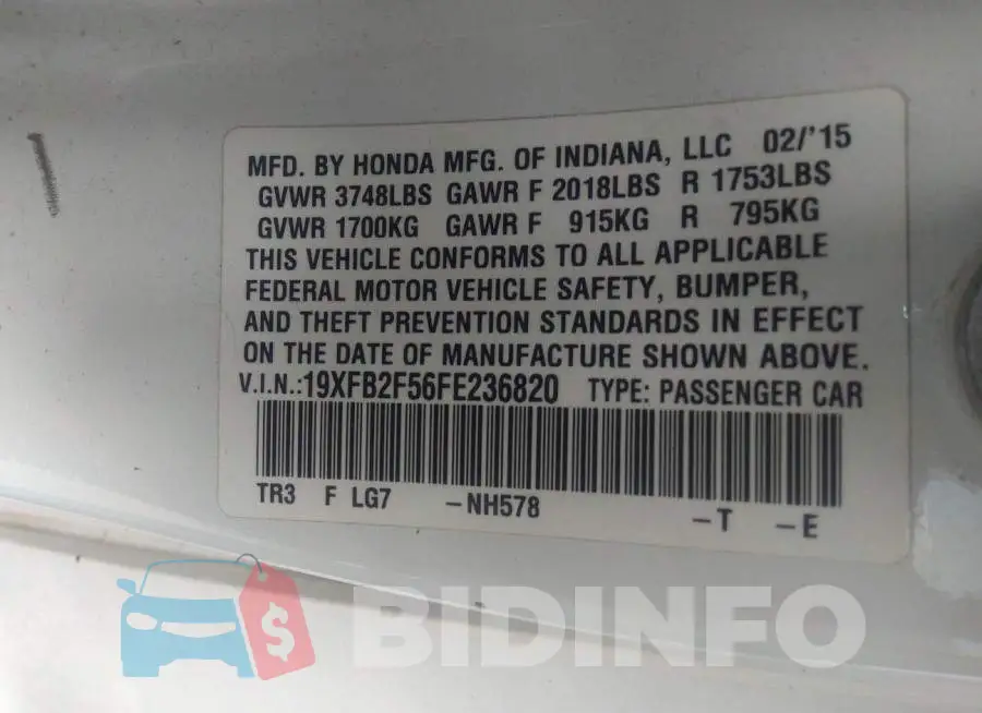 19XFB2F56FE236820 Photo# 9