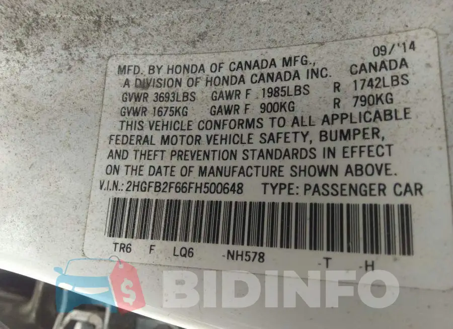 2HGFB2F66FH500648 Photo# 9