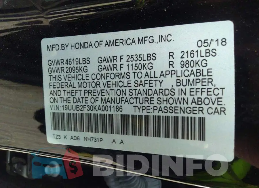19UUB2F30KA001186 Photo# 9