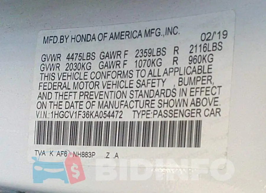 1HGCV1F36KA054472 Photo# 9