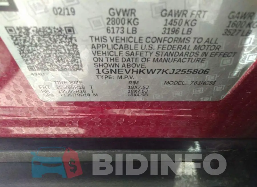 1GNEVHKW7KJ255806 Photo# 9