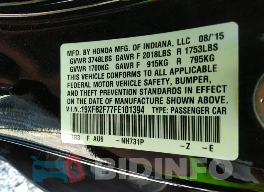 19XFB2F77FE101394 Photo# 9
