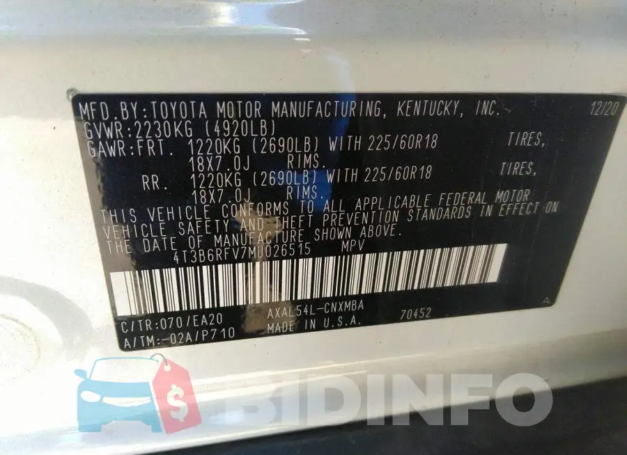 4T3B6RFV7MU026515 Photo# 9