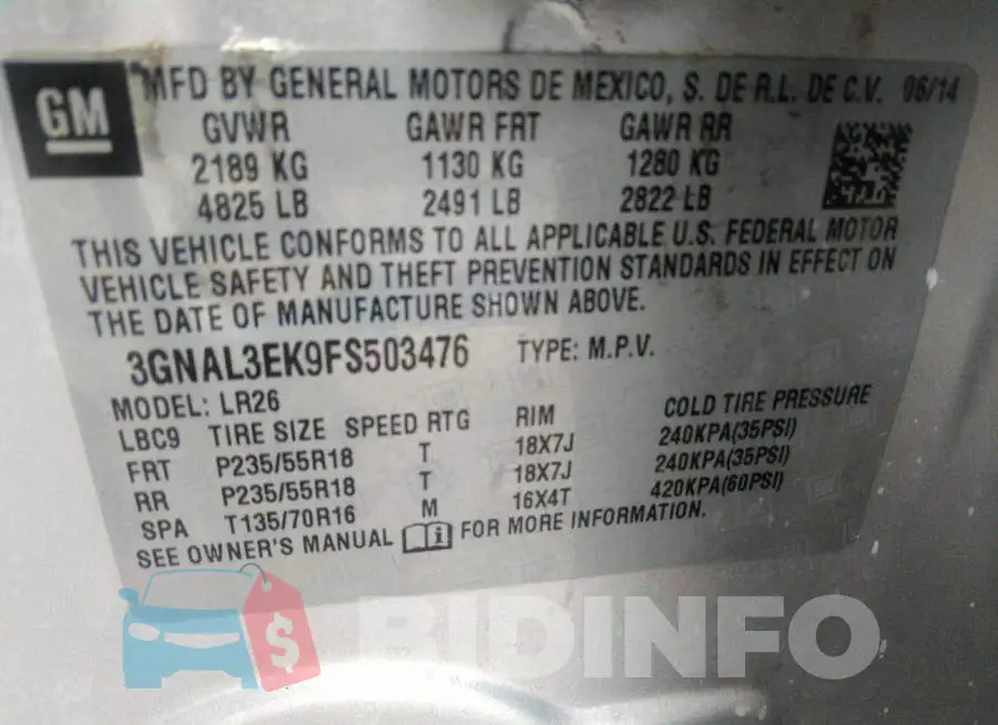 3GNAL3EK9FS503476 Photo# 9