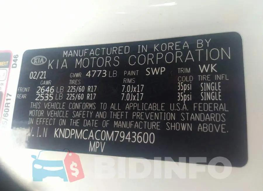 KNDPMCAC0M7943600 Photo# 9