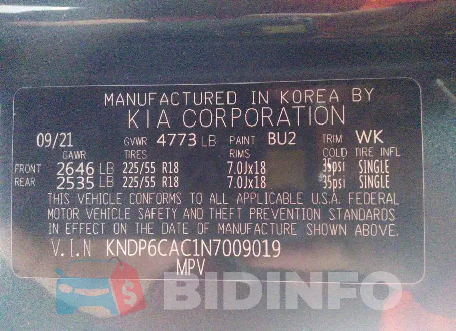 KNDP6CAC1N7009019 Photo# 9