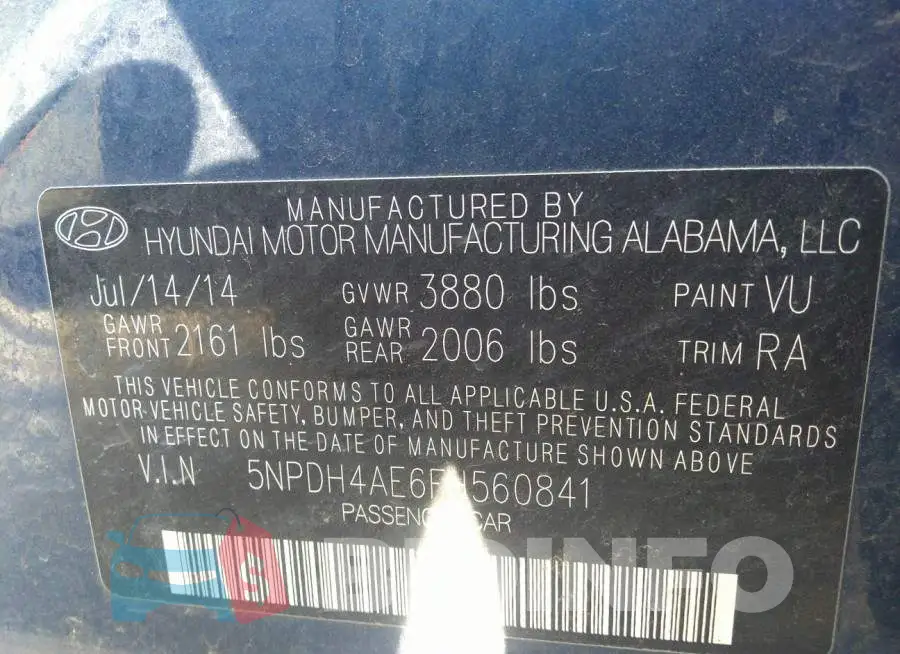 5NPDH4AE6FH560841 Photo# 9