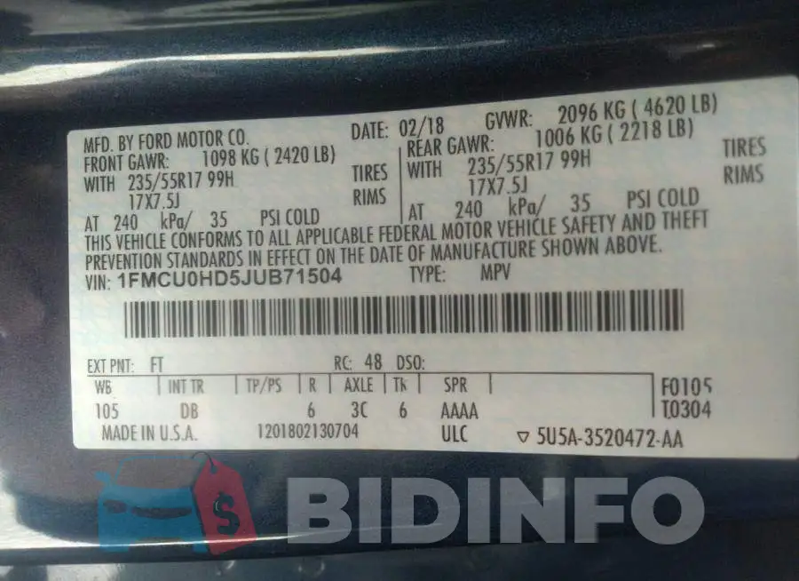 1FMCU0HD5JUB71504 Photo# 9
