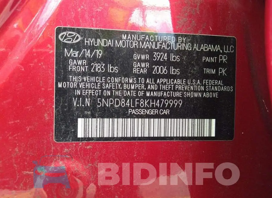 5NPD84LF8KH479999 Photo# 9
