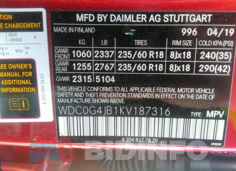 WDC0G4JB1KV187316 Photo# 9