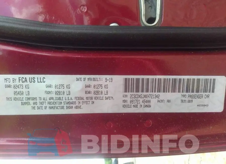 2C3CDXGJXKH721342 Photo# 9