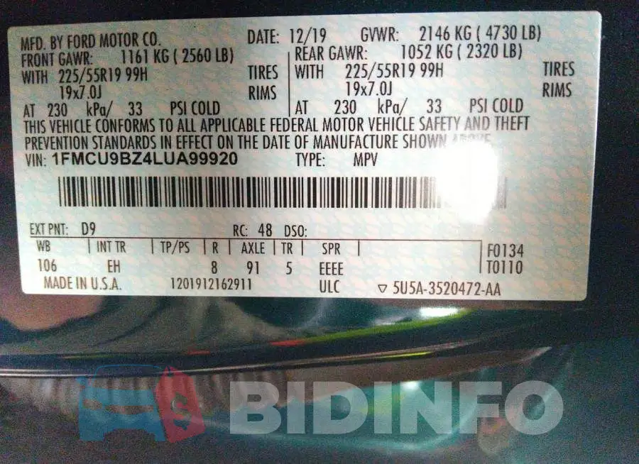 1FMCU9BZ4LUA99920 Photo# 9