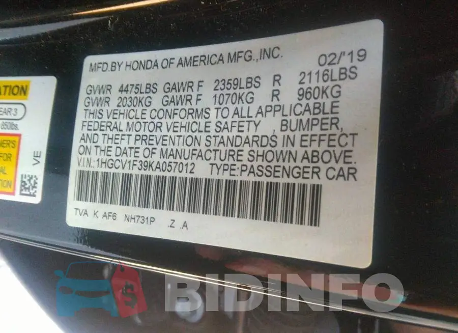 1HGCV1F39KA057012 Photo# 9