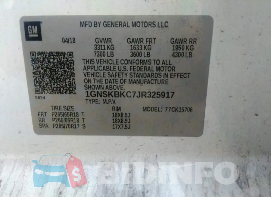 1GNSKBKC7JR325917 Photo# 9
