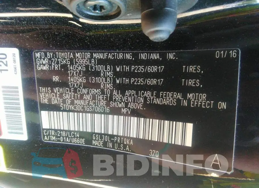 5TDYK3DC1GS706016 Photo# 9