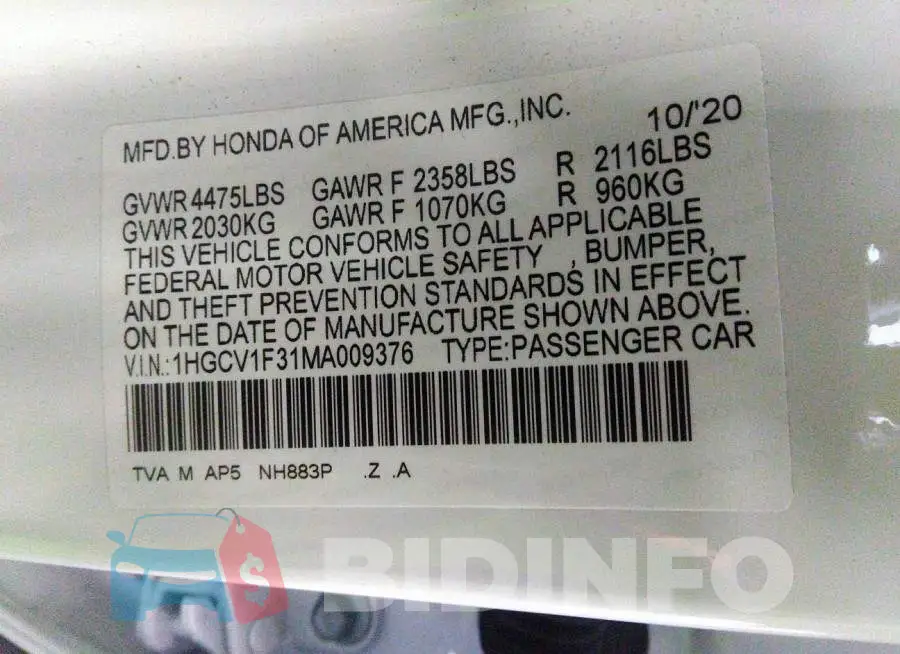 1HGCV1F31MA009376 Photo# 9