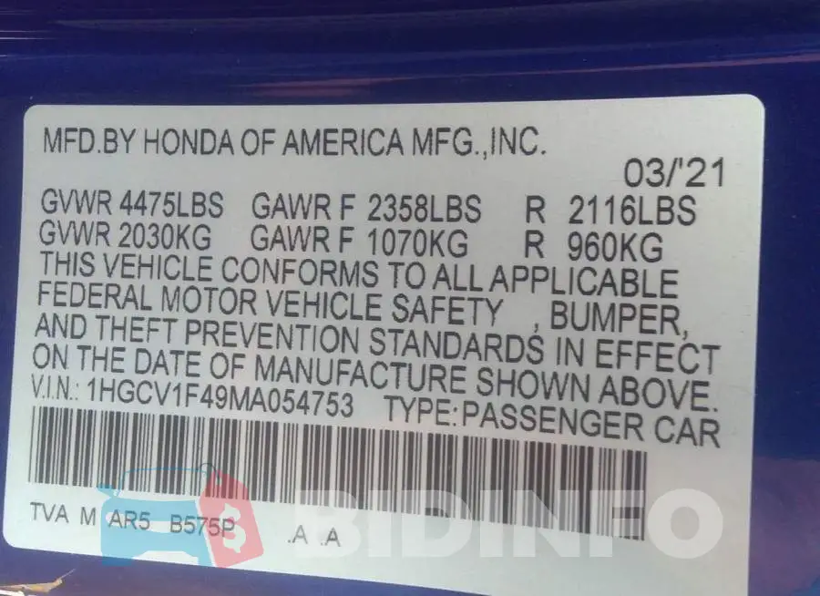 1HGCV1F49MA054753 Photo# 9